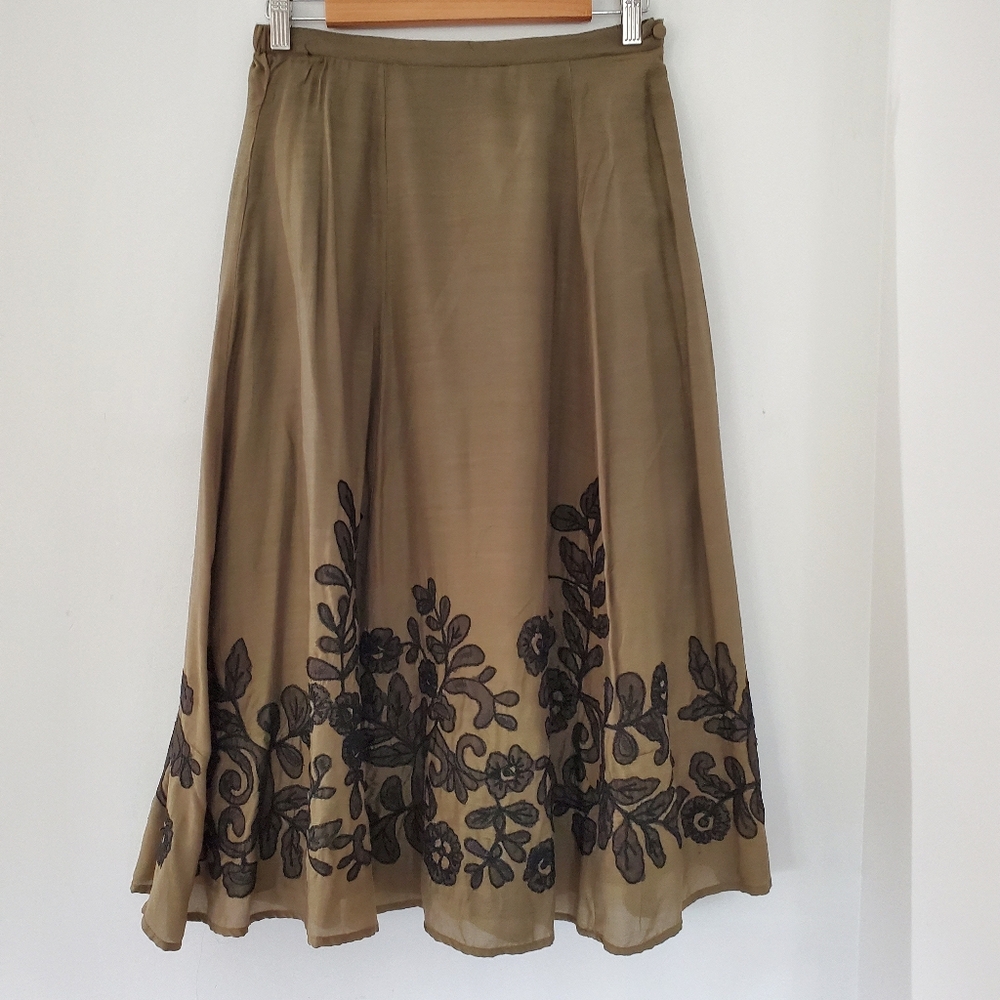 CHICO'S Sz 4 Olive Green RITA Silk Midi Skirt Black Floral Mesh Embroider Boho